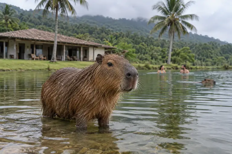 capy.life Phangan concept: a capybara standing in the lagoon; generated concept imagery